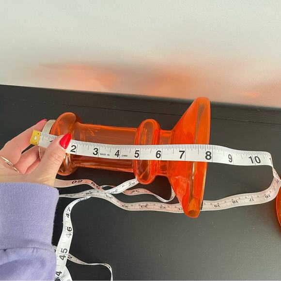 EQ3 | Bright Orange Glass Candlestick Candle Holders Funky MCM Taper Bubble 3pc - Picture 8 of 9